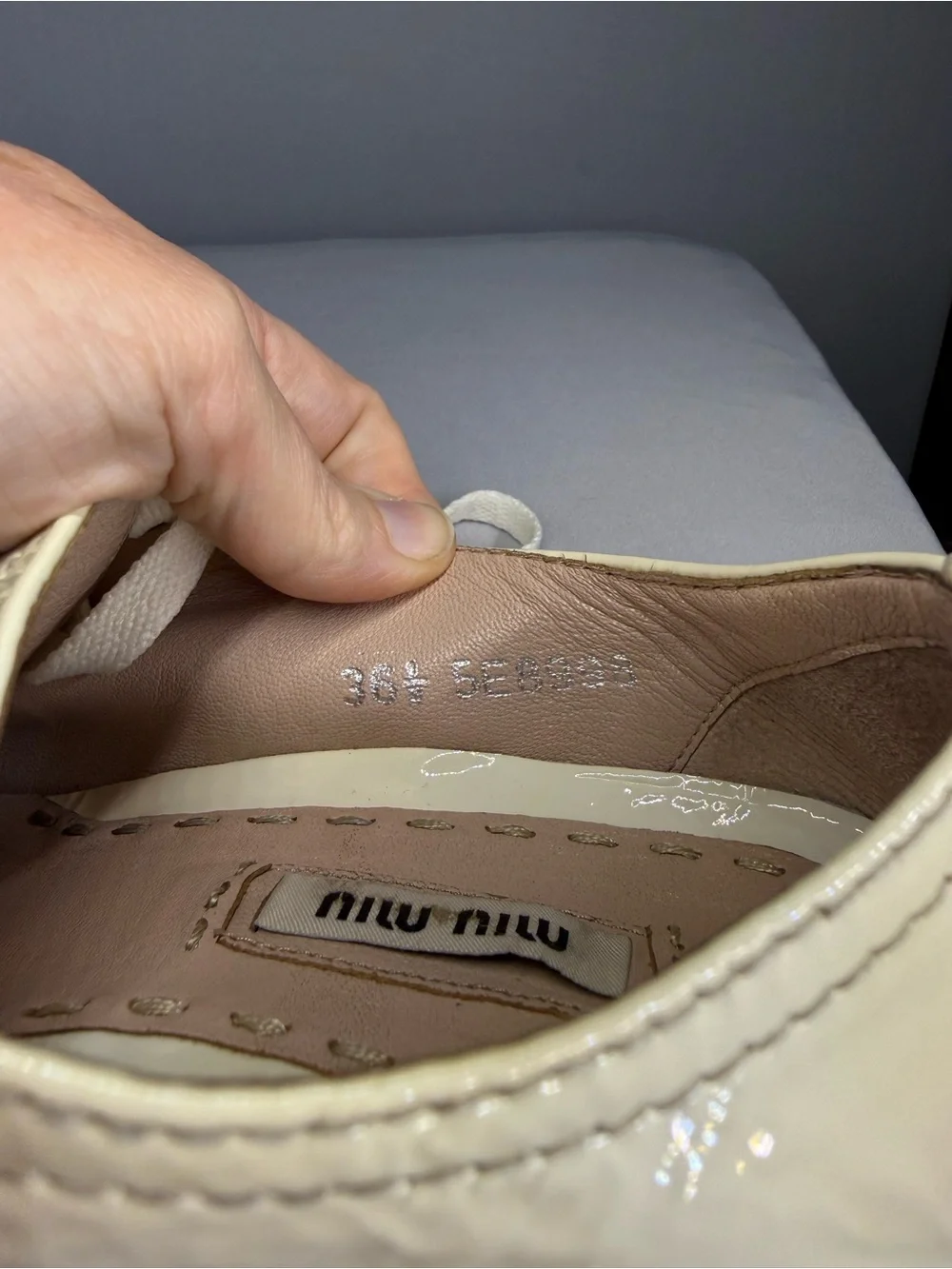 Miu Miu Cream Patent Leather Sneakers with Silver Toe Caps